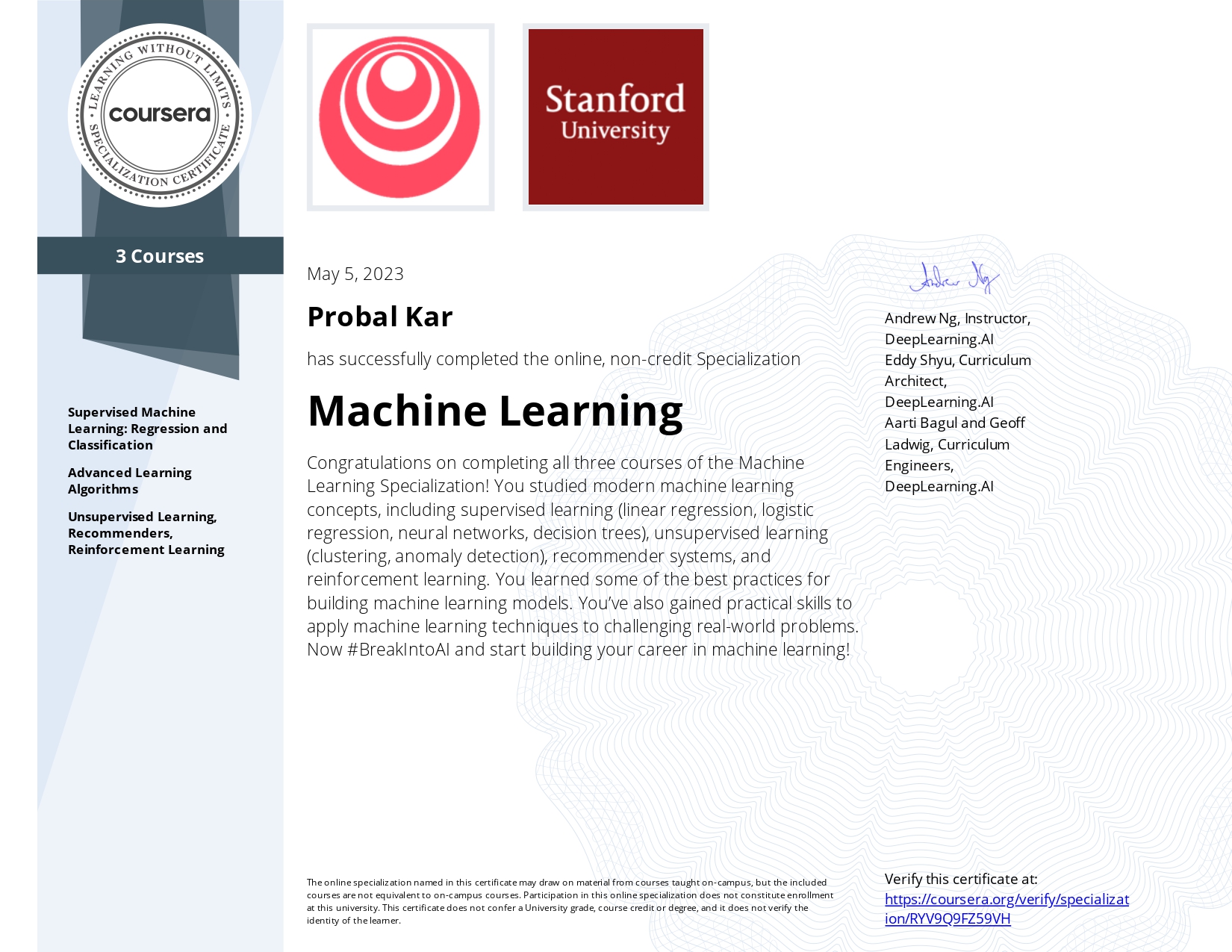 Machine Learning Specialization [Coursera]